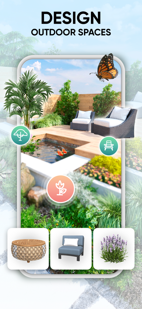 Garden Joy: Exterior Designer - 연못, 야외 좌석 공간, 무성한 식물이 있는 가든 디자인을 보여주는 모바일 화면, 가든 조이