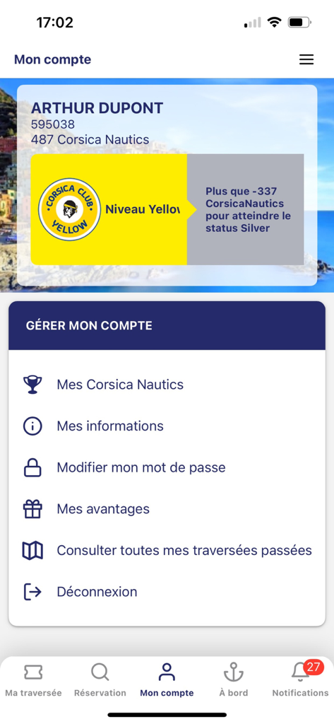 Corsica Ferries - User account and loyalty status screen on the Corsica Ferries mobile app