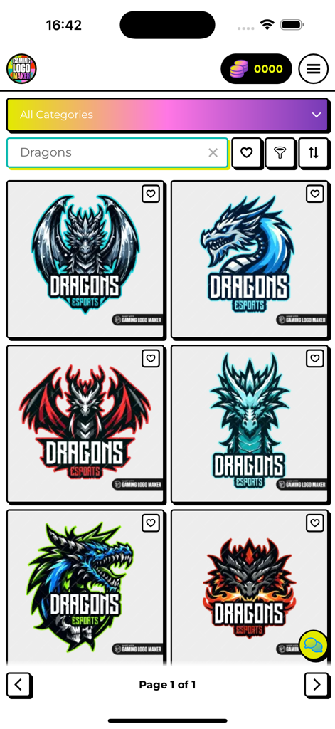 A gallery of dragon mascot logo templates within the Esports Gaming Logo Maker app interface.