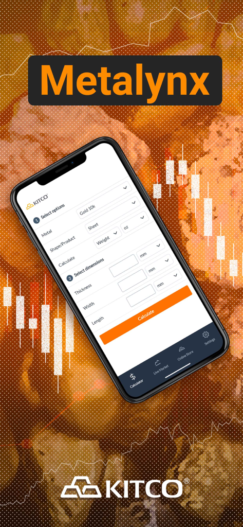 Metalynx - Metalynx mobile app interface showing a calculator for precious metal weights and dimensions.