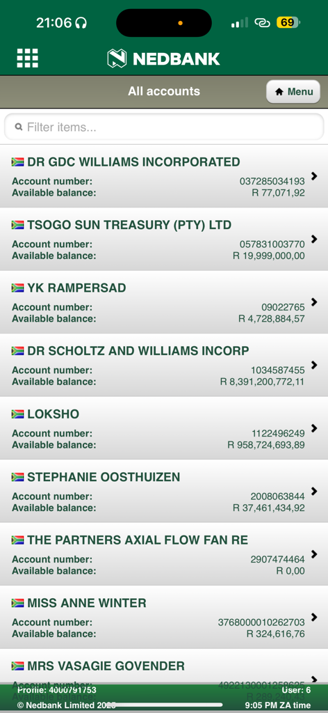 A list of business accounts with their respective account numbers and available balances within the Nedbank AppSuite mobile app interface.