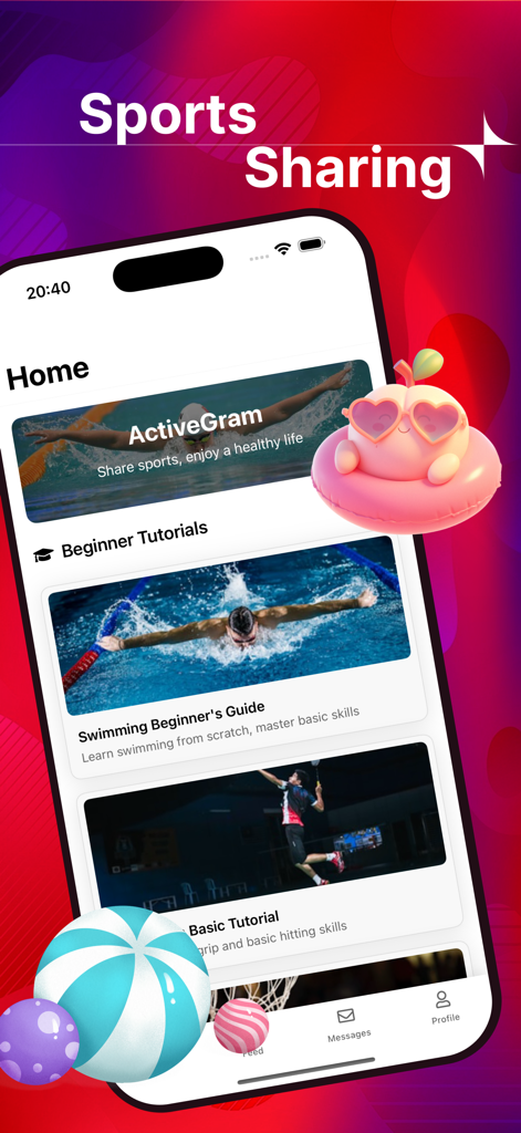 Home screen of Nuvzy app showing beginner sports tutorials for swimming and other activities.