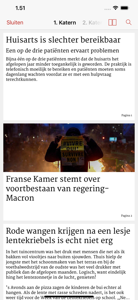 Vue numérique de l'application du journal AD montrant les titres et articles d'actualité néerlandais.