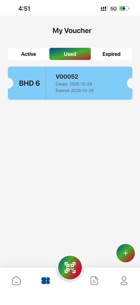 Captura de pantalla de la sección Mis Vales de la aplicación Alhelli Rewards Pro que muestra un vale usado de 6 BHD