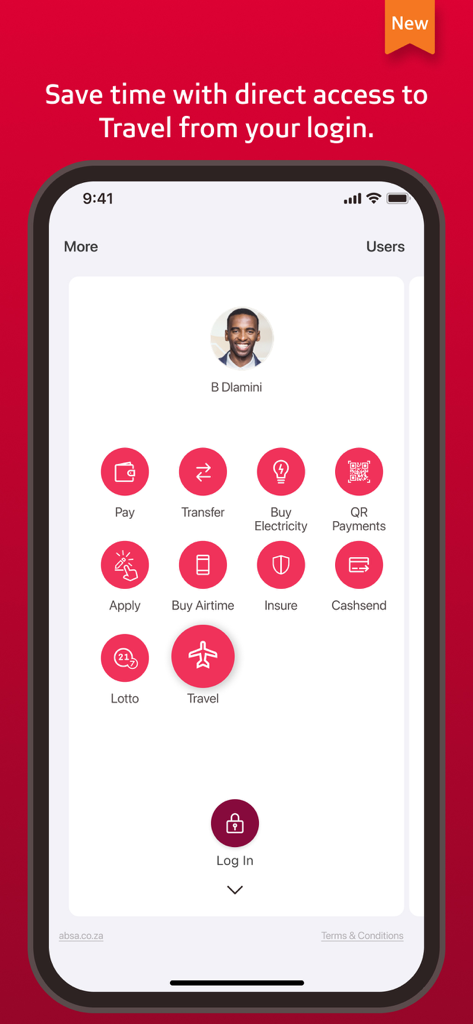 Absa Banking app login screen with quick access to travel payments and utility features