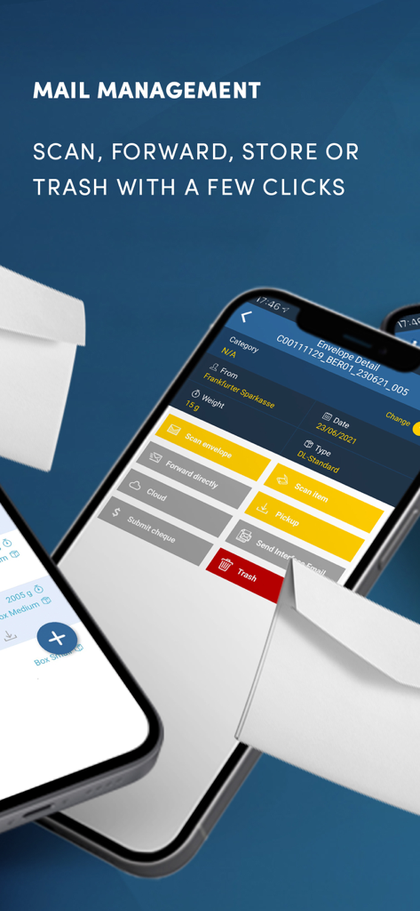 Smartphone displaying the ClevverMail app interface with options to scan forward store or trash postal mail items
