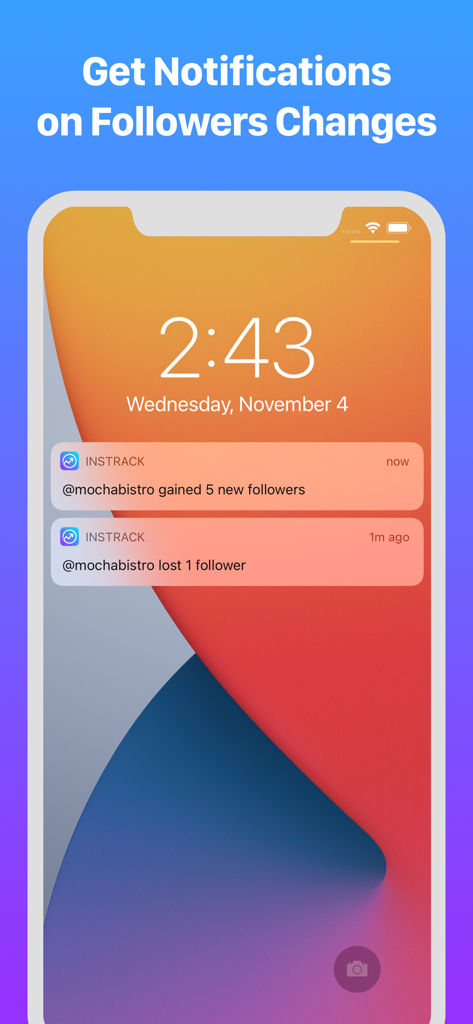 Mobile phone lock screen displaying InsTrack notifications for Instagram follower gains and losses