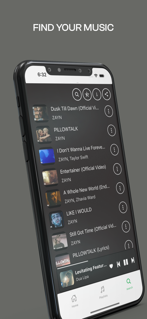 Music Player ‣ Video Streaming - Pantalla del iPhone mostrando una interfaz de búsqueda de reproductor de música con una lista de canciones y el titular Encuentra Tu Música