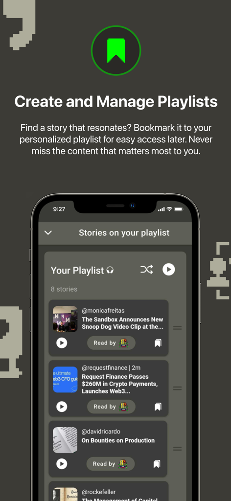 The HackerNoon app interface for creating and managing personalized playlists of tech stories.