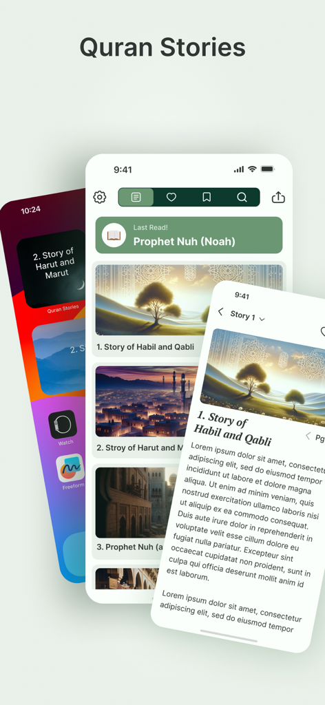 Quran Stories in Islam - Interface of the Quran Stories in Islam mobile app showing a list of stories and a reading page with illustrations.
