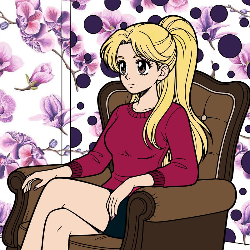 a young woman with a ponytail sitting on a comfy vintage chair, polka dot walls behind her while she's thinking