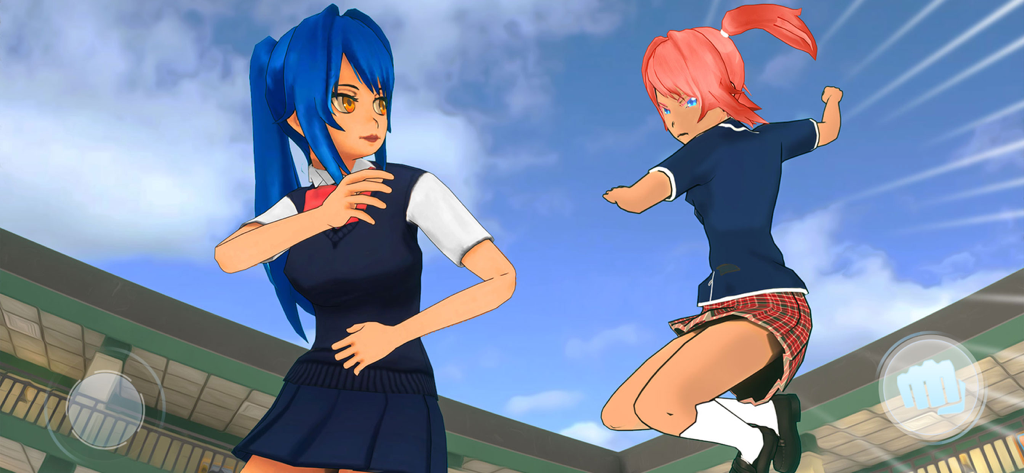 Dos chicas de secundaria de anime en una confrontación de lucha en la escuela