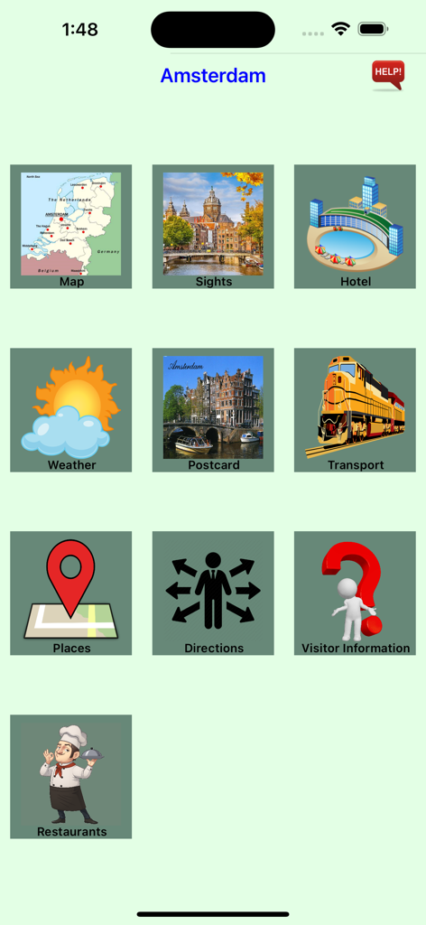 암스테르담 여행 앱 메인 메뉴에 지도, 명소, 호텔, 날씨, 교통편 아이콘 표시