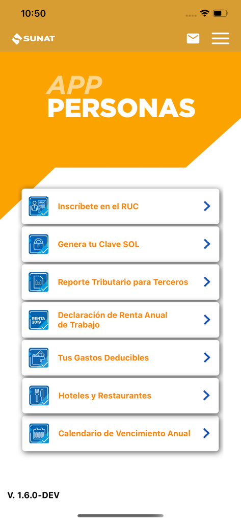 Tela inicial do SUNAT APP Personas exibindo serviços fiscais peruanos como registro RUC e relatórios fiscais