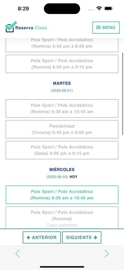 Horario semanal de clases de fitness para Pole Sport y Flexibilidad en la aplicación Reserva Clase.