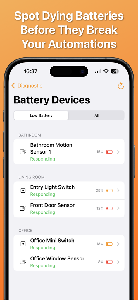 HomeCare for HomeKit app interface showing a list of smart home devices with their current battery percentages and connectivity status