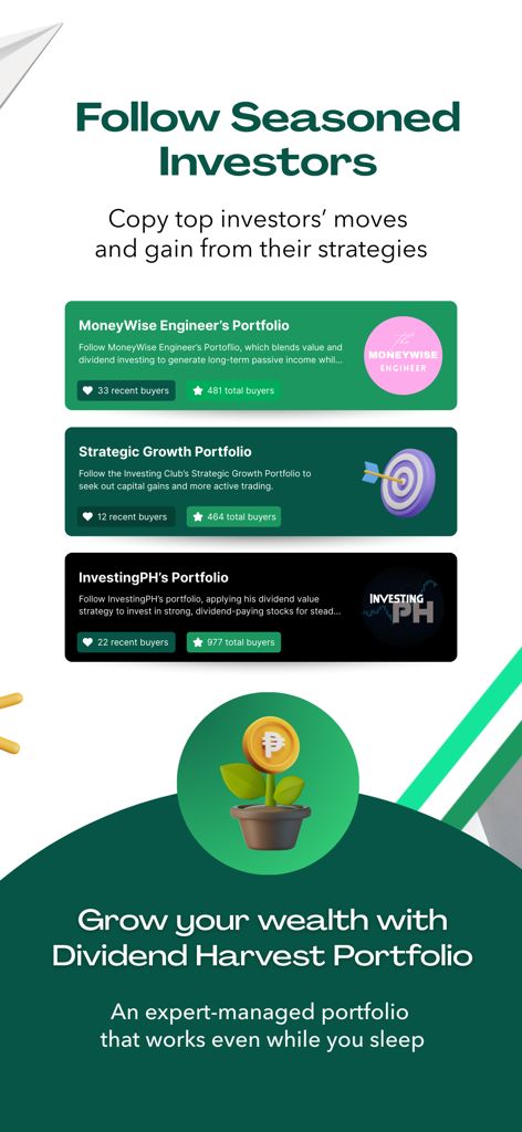 DragonFi – Stocks & Funds - Schermata dell'app DragonFi che mostra portfolio gestiti da esperti e la funzione di copy trading per il reddito passivo.