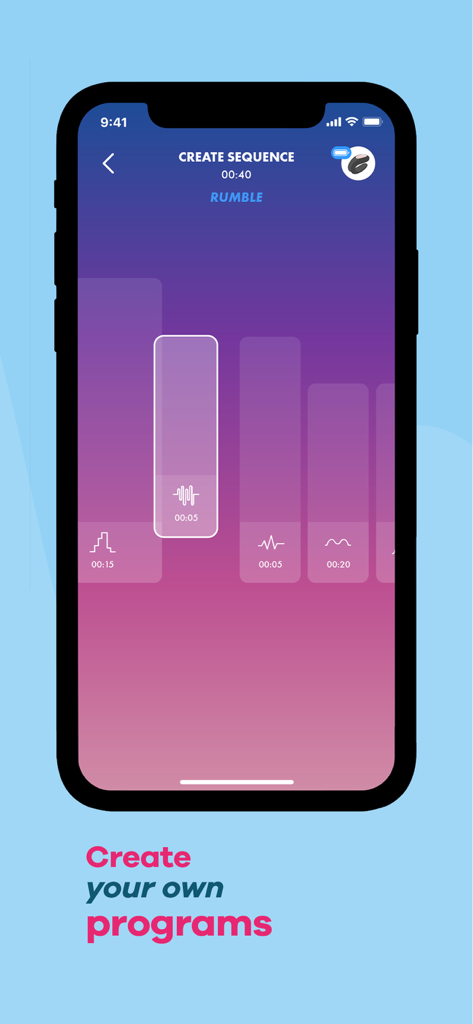 Satisfyer Connect app interface showing the create sequence tool for custom vibration programs