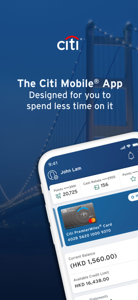 Interfaz de la aplicación móvil Citibank HK mostrando el saldo de la cuenta y los puntos de la tarjeta de crédito