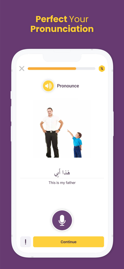 AlifBee - Learn Arabic Easily - AlifBee app interface showing a pronunciation exercise for an Arabic phrase with a microphone recording button
