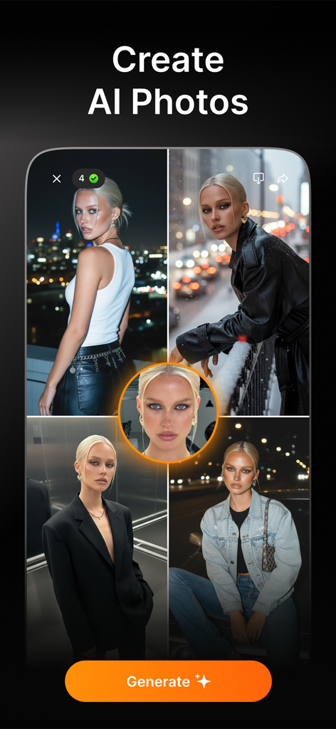 AI Image Generator FARBA Art - Mobile app interface displaying a grid of professional AI generated portraits of a woman