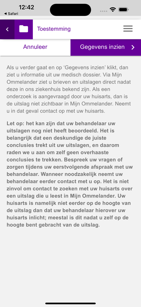A screen in the Mijn Ommelander app asking for consent to view medical data