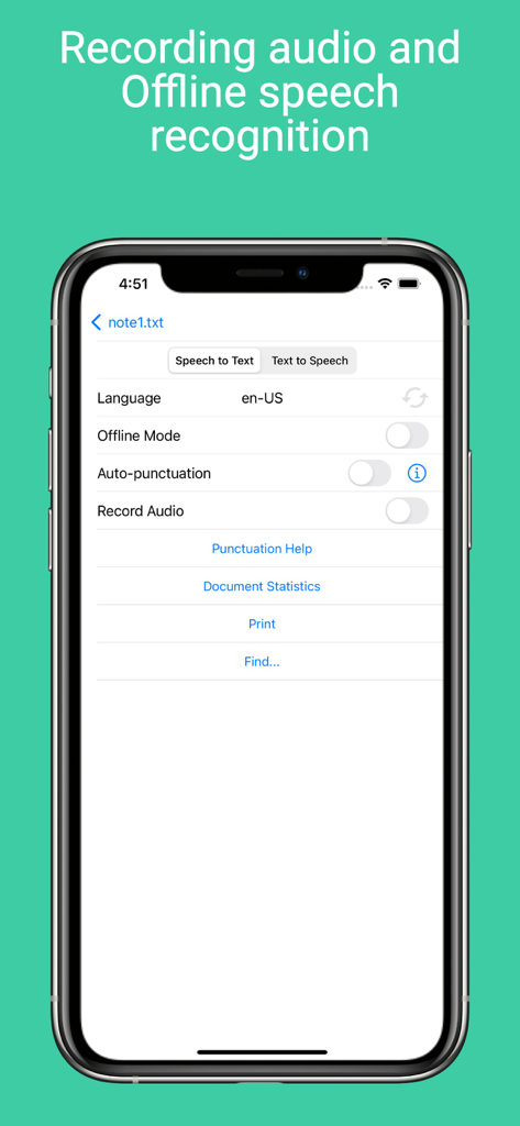 Voice Notebook - audio to text - Pantalla de configuración para voz a texto en la aplicación Voice Notebook con modo sin conexión y selección de idioma.