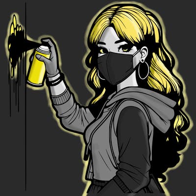 realistic girl with mask spray painting a wall