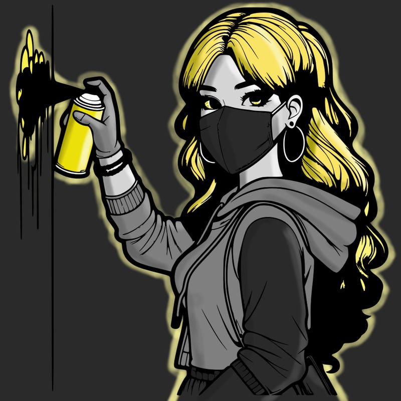 realistic girl with mask spray painting a wall