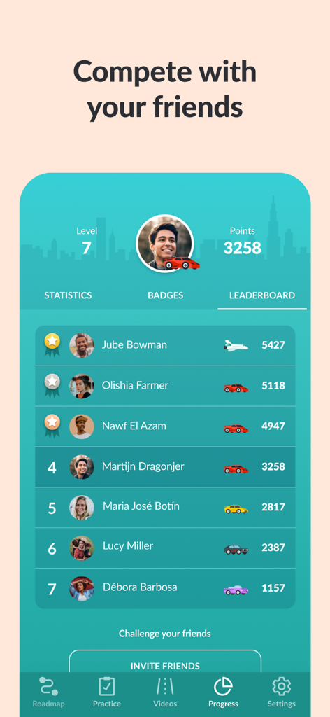 Zutobi: Permit & Driving Prep - Pantalla de tabla de clasificación en la aplicación Zutobi que muestra las clasificaciones de los usuarios y los puntos para la preparación del examen de manejo.