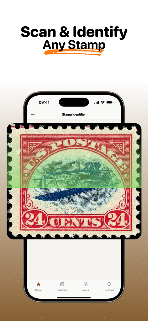 Stamp Identifier - Scan Value - Écran d'iPhone montrant l'application Identifiant de Timbre scannant un rare timbre postal américain Inverted Jenny pour une identification instantanée