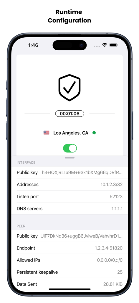Serverless VPN - UpVPN - Screenshot of UpVPN app on iPhone displaying technical runtime configuration details for a secure WireGuard VPN connection in Los Angeles