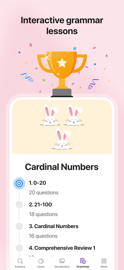 Leçons interactives de grammaire espagnole sur les nombres cardinaux avec suivi des progrès