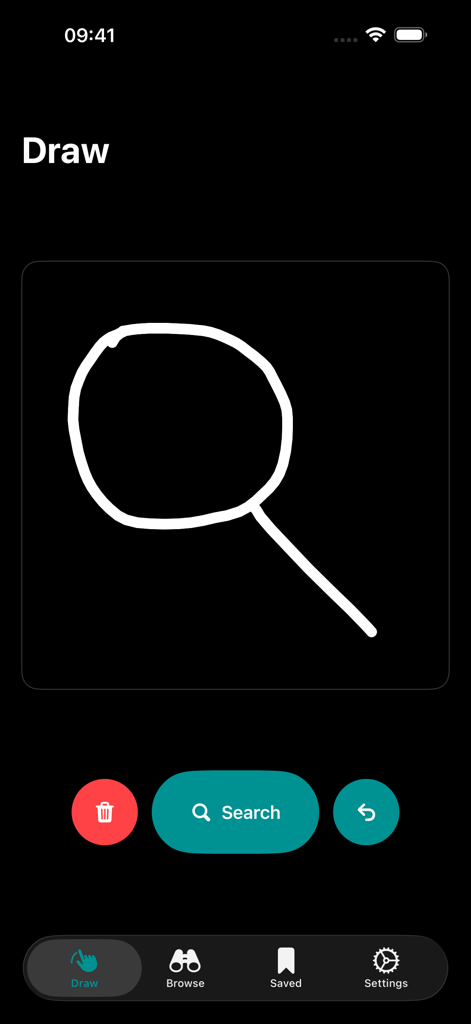 SF Search - SF Searchアプリのインターフェース。シンボルを検索するためにキャンバスに描かれた虫眼鏡アイコンが表示されています。