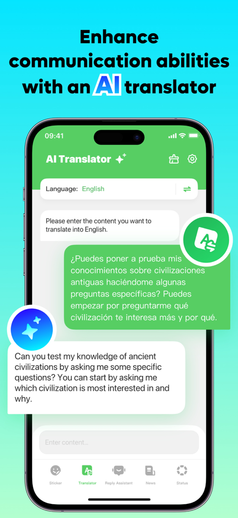 AIBooster app screenshot showing the AI translator feature translating Spanish text to English