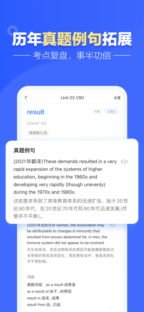 新东方乐词—考研四六级背单词软件 - Écran de l'application Leci montrant le résultat du mot anglais avec de vraies phrases d'exemple d'examen et des traductions chinoises.