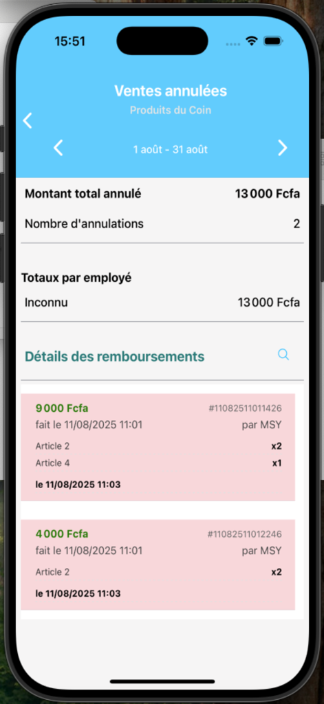 Gesta+ Tableau de bord - Vista del panel de la aplicación Gesta plus que muestra el resumen de ventas canceladas y los detalles del reembolso