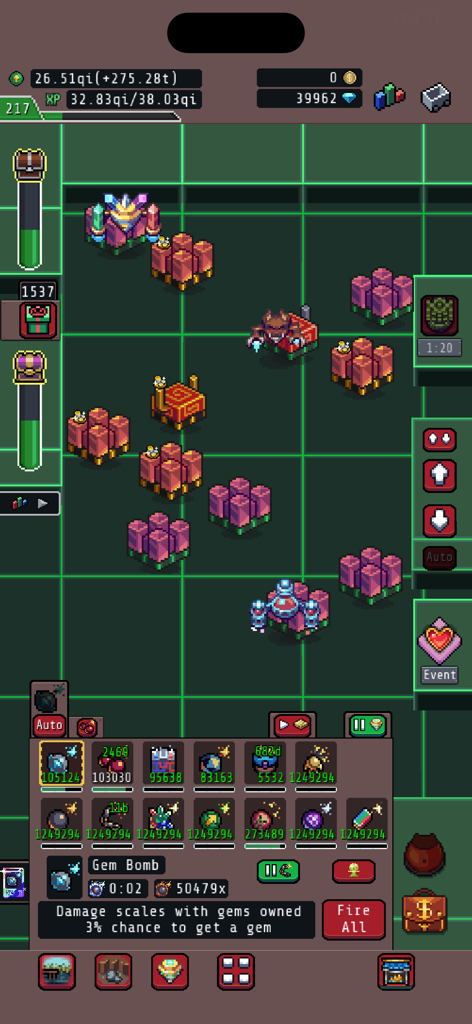 Idle Obelisk Miner - Gameplay screen of Idle Obelisk Miner showing the mining grid and gem bomb menu