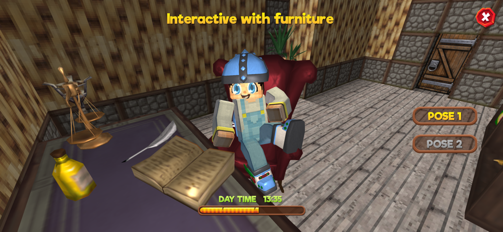 Pony World Craft - A voxel character sitting in a red armchair within a decorated study in Pony World Craft.