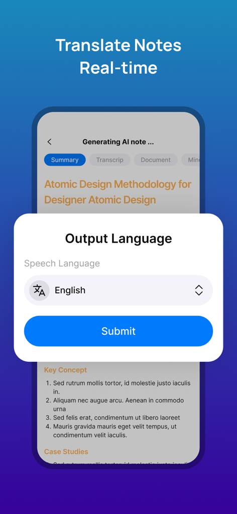 NoteX: AI Note Taker, Notebook - NoteX app interface displaying the real-time note translation feature with English selected as the output language.