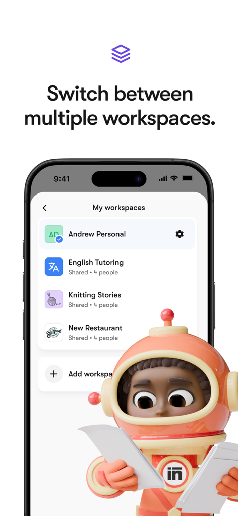 Tela do iPhone mostrando o aplicativo Sintra com vários espaços de trabalho de negócios para Tutoria de Inglês e um Novo Restaurante