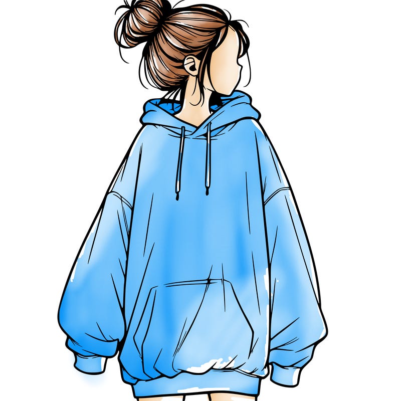 realistic girl with a oversized sweatshirt on and a bun