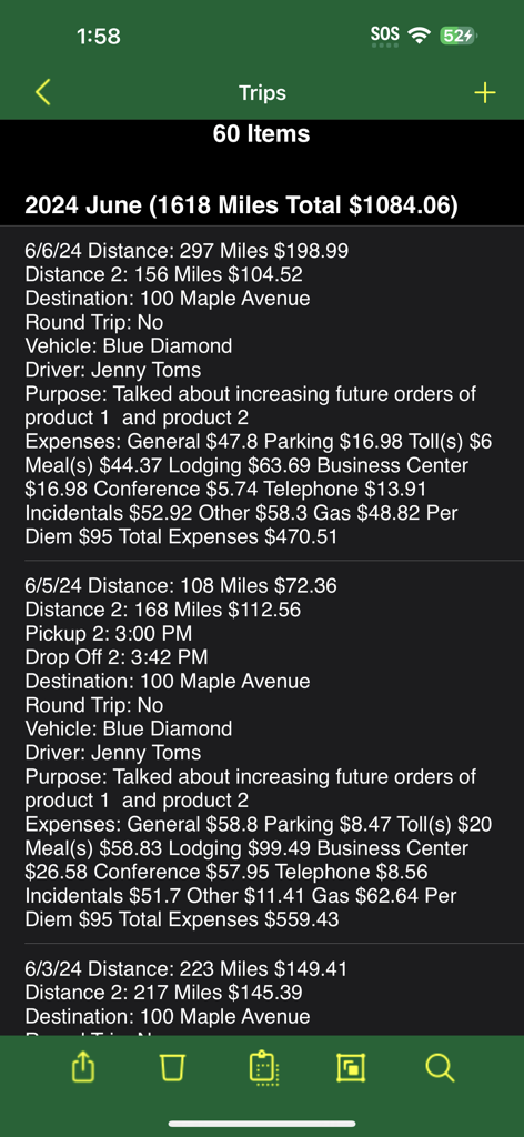 Track My Mileage And Expenses - 税金追跡のためのマイレージと経費の詳細を含む、ビジネス走行記録の概要リスト。