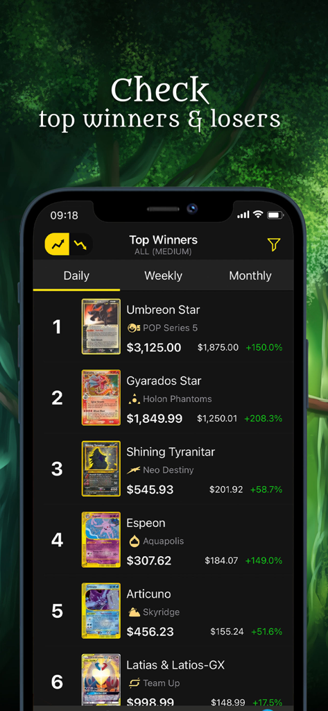 Poké TCG Scanner Dragon Shield - Poké TCG Scanner app interface showing top price winners for rare cards