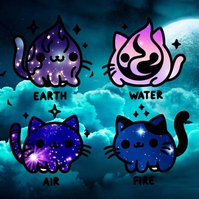 4 cats that represent the different elements, earth, water, air, and fire