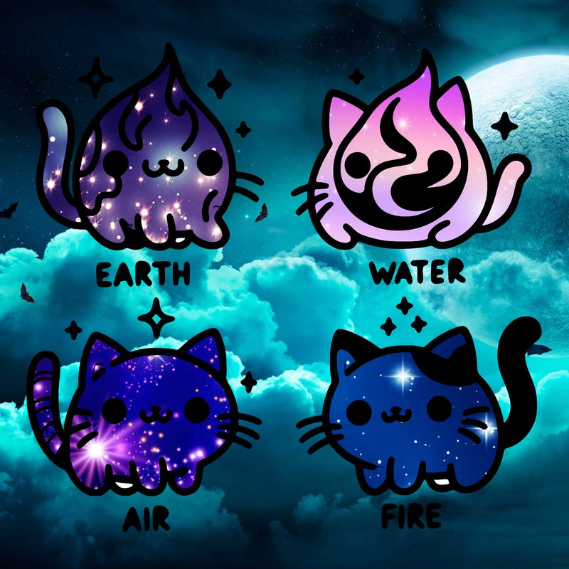 4 cats that represent the different elements, earth, water, air, and fire