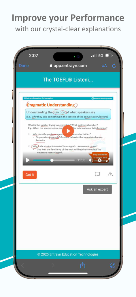 TOEFL® Prep & Mock Tests - Pantalla de aplicación móvil que muestra una lección de práctica de comprensión auditiva del TOEFL sobre comprensión pragmática con orientación de expertos.