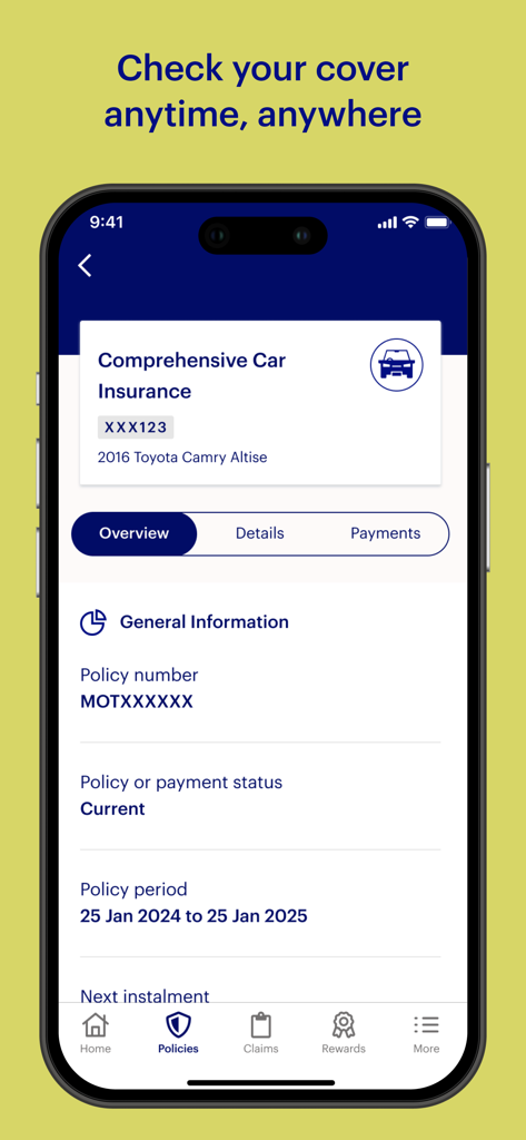 NRMA Insurance - NRMA Insurance app showing a car insurance policy overview with coverage details and status