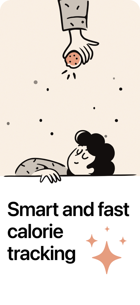 BiteNote - Calorie Tracker - Minimalist illustration of a person looking at food with text promoting smart and fast calorie tracking for the BiteNote app