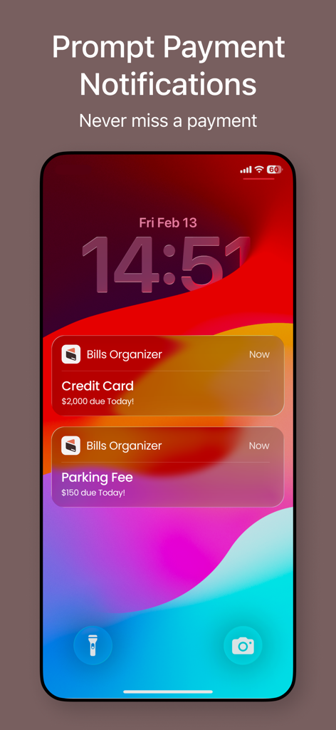 Bills Organizer App - iPhone lock screen showing bill payment notifications for a credit card and parking fee from the Bills Organizer app